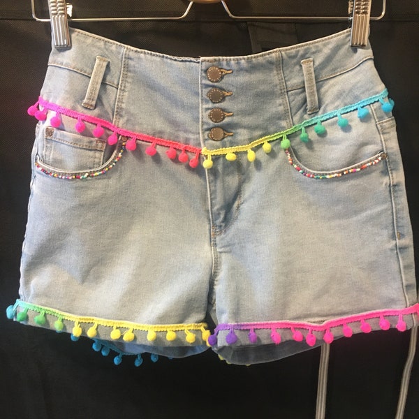 High Waist Denim Shorts - Blue with Rainbow Pom Pom Pride Beaded Boho Hippie Festival - UK 10 US 6