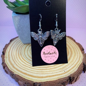 Death Moth Moon Dangle Drop Earrings - antique silver - Halloween Goth Steampunk Gift