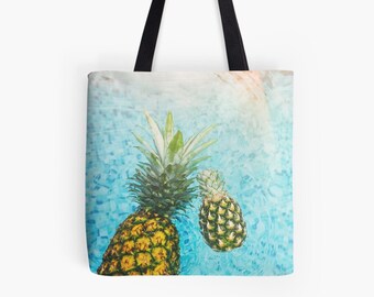 Pineapple and pool beach tote bag - Pineapple fruit on blue aqua background. Washable. Perfect gift for the beach bum!