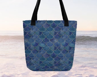 Mermaid Scale Tote Bag: Deep Ocean Blue with Golden Accent