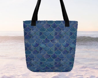 Beautiful mermaid scale tote bag for all gizmos and gadgets, deep ocean blue scales with golden accent