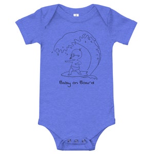 May include: A blue baby grow with a black line drawing of a baby wearing sunglasses and surfing on a wave. The text "Baby on Board" is printed below the image.