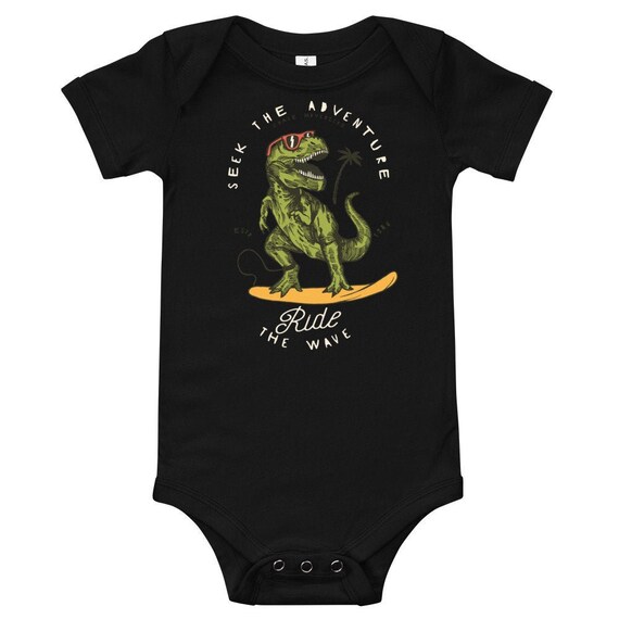 Ride the wave - cool surfer baby bodysuit - t-rex surfing baby clothes - short sleeve one piece - perfect surf gift