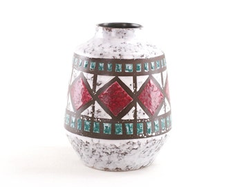 West German Pottery - Ceramic Vase by VEB Haldensleben in East Germany - Vintage Red and Green Ceramic Vase