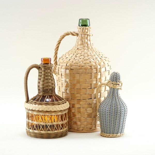 ITALIAN Rattan Covered Wine Bottle Single or as a Set, Wicker Covered Bottles