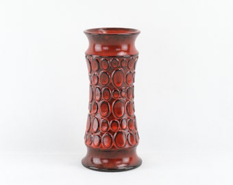 West German Pottery - Raised Circle Design Ceramic Vase - Red Jasba Keramik Vase - Polka Dot Textured Vase