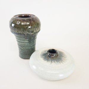 Swiss Studio Pottery - Olive Green and White Glazed Studio Pottery - Vases from Switzerland - Pair of Unique Vases
