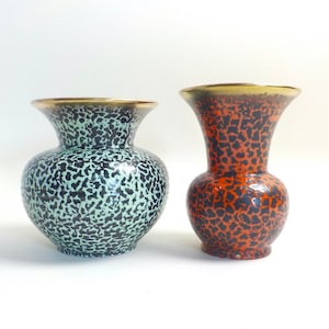 West German Pottery - Ceramic Trumpet Vases - Pair of Mid Century Trumpet Vases - Red and Green West German Art Pottery