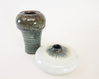 Swiss Studio Pottery - Olive Green and White Glazed Studio Pottery - Vases from Switzerland - Pair of Unique Vases