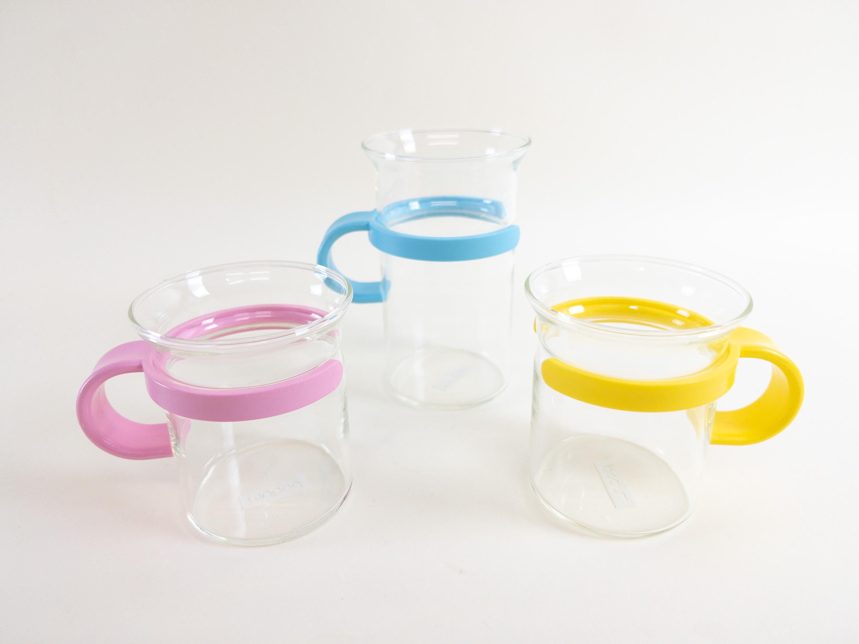 Vintage Bodum Bistro Coffee Cups with Multi-Colour Plastic Holders Short Cups and One Tall Cup - Set of 3 Glass Tea Cups - Housewarming Gift