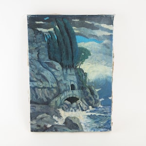 Original Acrylgemälde des Meeres - Meereswellen, die sich in einer geheimen Höhle brechen - Datiert 1938