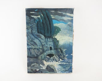 オリジナルアクリル画 - 海の絵 - 秘密の洞窟に打ち寄せる波 - 1938年