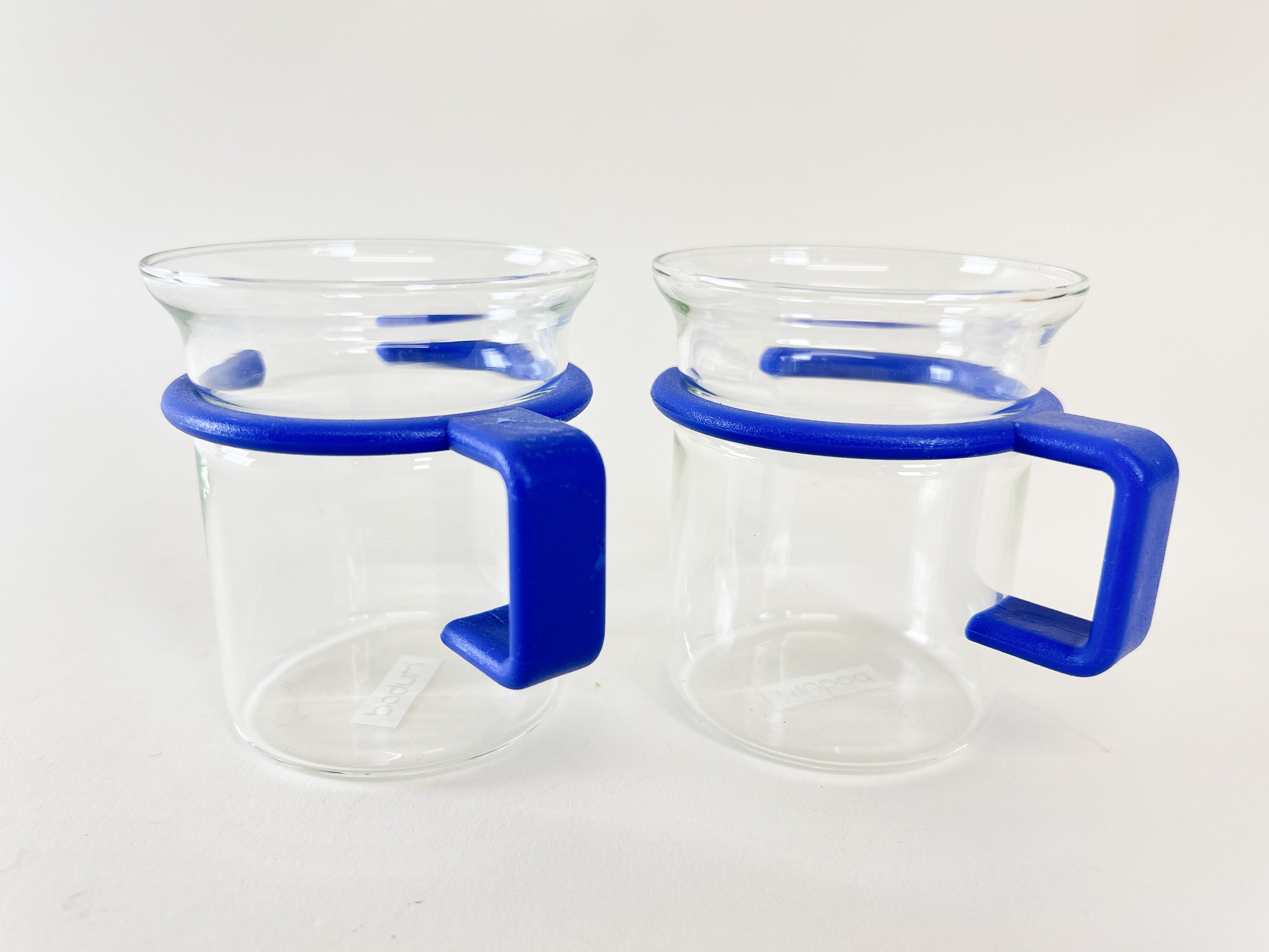 Vintage Bodum Picard Tea Glasses With Holders Set of 2 Cups Blue