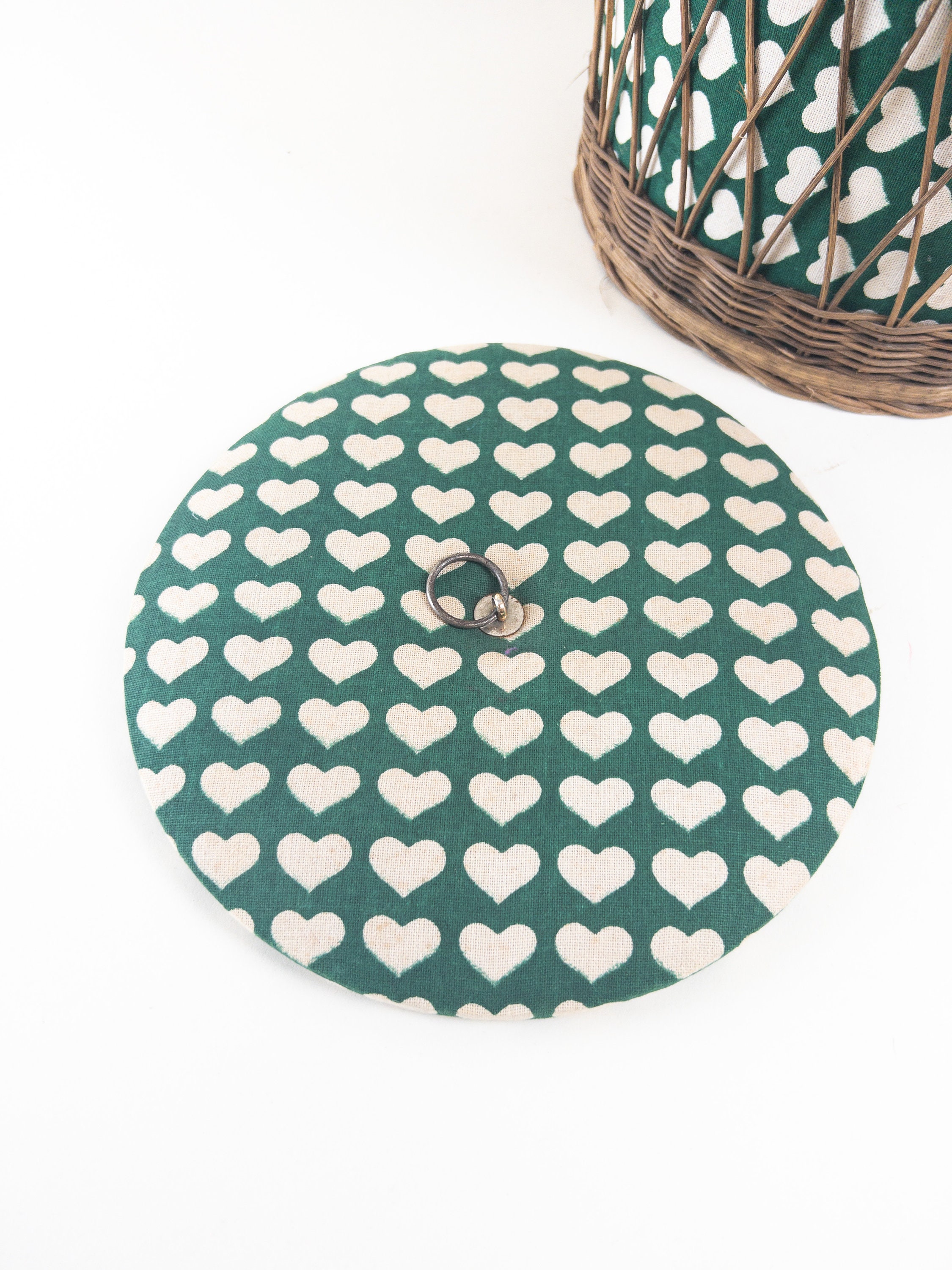 Round Green Wicker Sewing Basket: Heart Motif, Mid Century Yarn