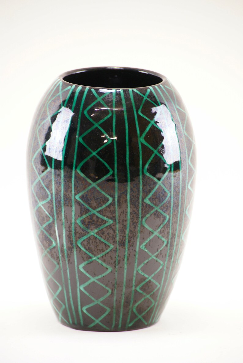 Swiss Studio Pottery Dark Green and Black Swiss Ceramic Studio Pottery Vase image 5