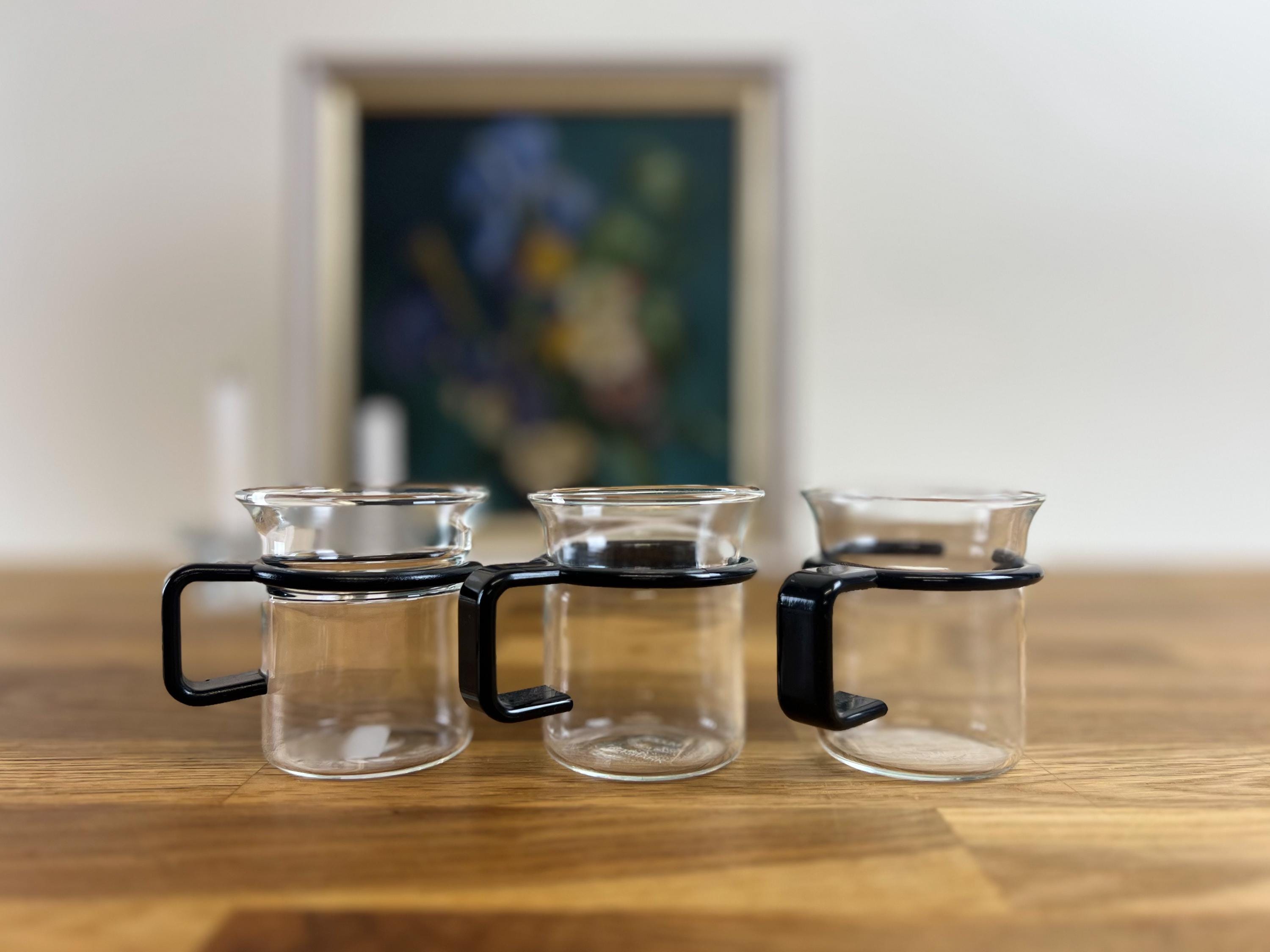 3 Bodum Picard Espresso Cups - Vintage Bodum Picard Espresso Glasses with Black Plastic Holders - Set of 3