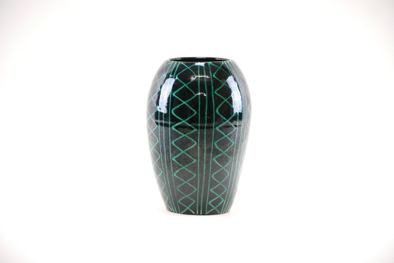 Swiss Studio Pottery Dark Green and Black Swiss Ceramic Studio Pottery Vase image 1