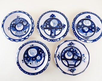 Swiss Pottery by Luzerner Keramik - Blue and White Bowls - Floral Decor - Set of 5