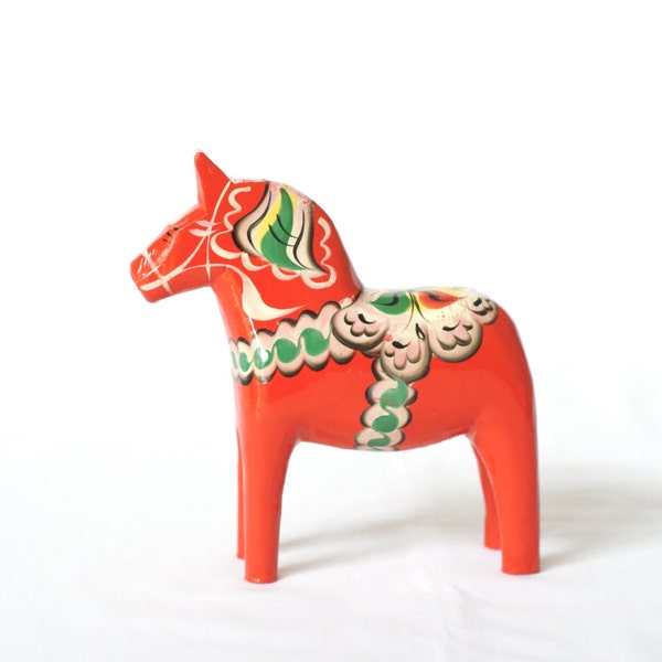 Swedish DALA HORSE, Wooden Handpainted, Orange or Red, Ymgve Tjäder, Made in Sweden, Scandi Scandinavian Decor, Folk Art