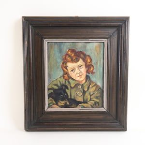 Portrait of Red-Haired Girl Holding a Dog Oil Painting Framed - Original Artwork - Signed by Artist - Swiss Painting