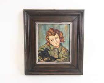 フレデリック・ヴァレット・ビソン作 油彩画「少女と犬」 1932年 署名