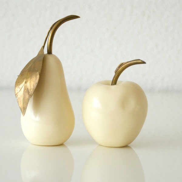 Mid Century APPLE and PEAR FIGURINES Pair of Resin Off-White Cream Fruits with Brass Stem and Leaf Decorative Hollywood Regency Decor