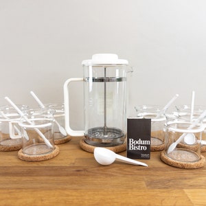 Vintage Bodum Coffee Press Picard with Coasters, Tea Cups and Spoons in White - Complete French Press Set with 6 Cups - Made in Denmark