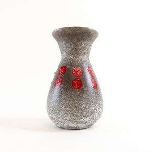 West German Pottery - Jasba Ceramic Vase - Brown Speckled Vase with Red Glossy Polka Dots