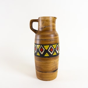 West German Pottery Jasba Vase - Tribal or Aztec Decor Vase with Handle - 24cm Tall