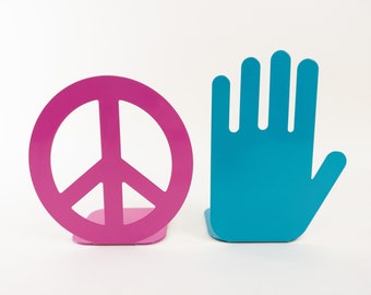 Peace Sign Bookends - Emoji Bookends - Peace Decor Kids Room - Dorm Bookends - Pink and Blue Book Holders
