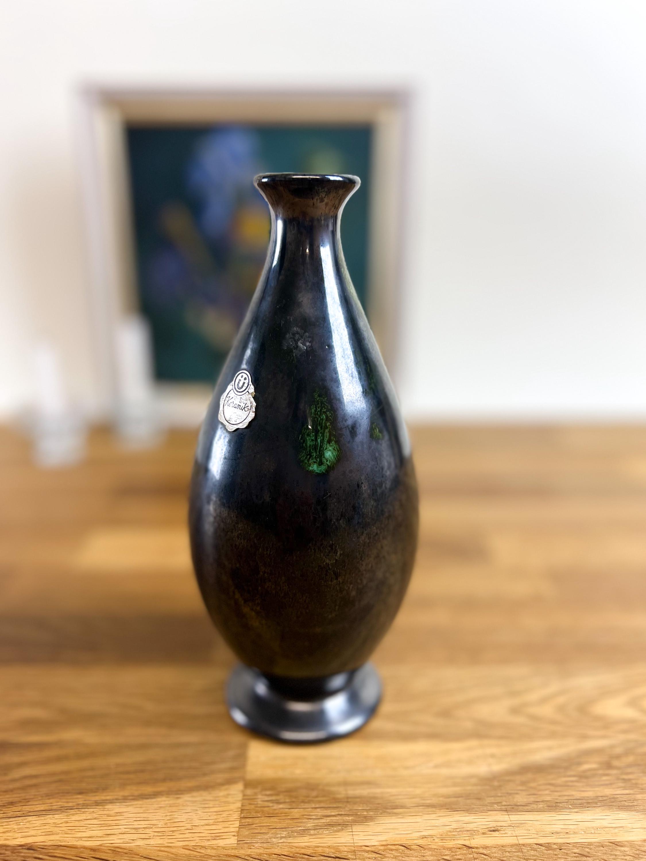 陶器製花瓶 ダークブラウン グリーン ミッドセンチュリー Ü-Keramik 花瓶：西ドイツ陶器、ダークグリーン