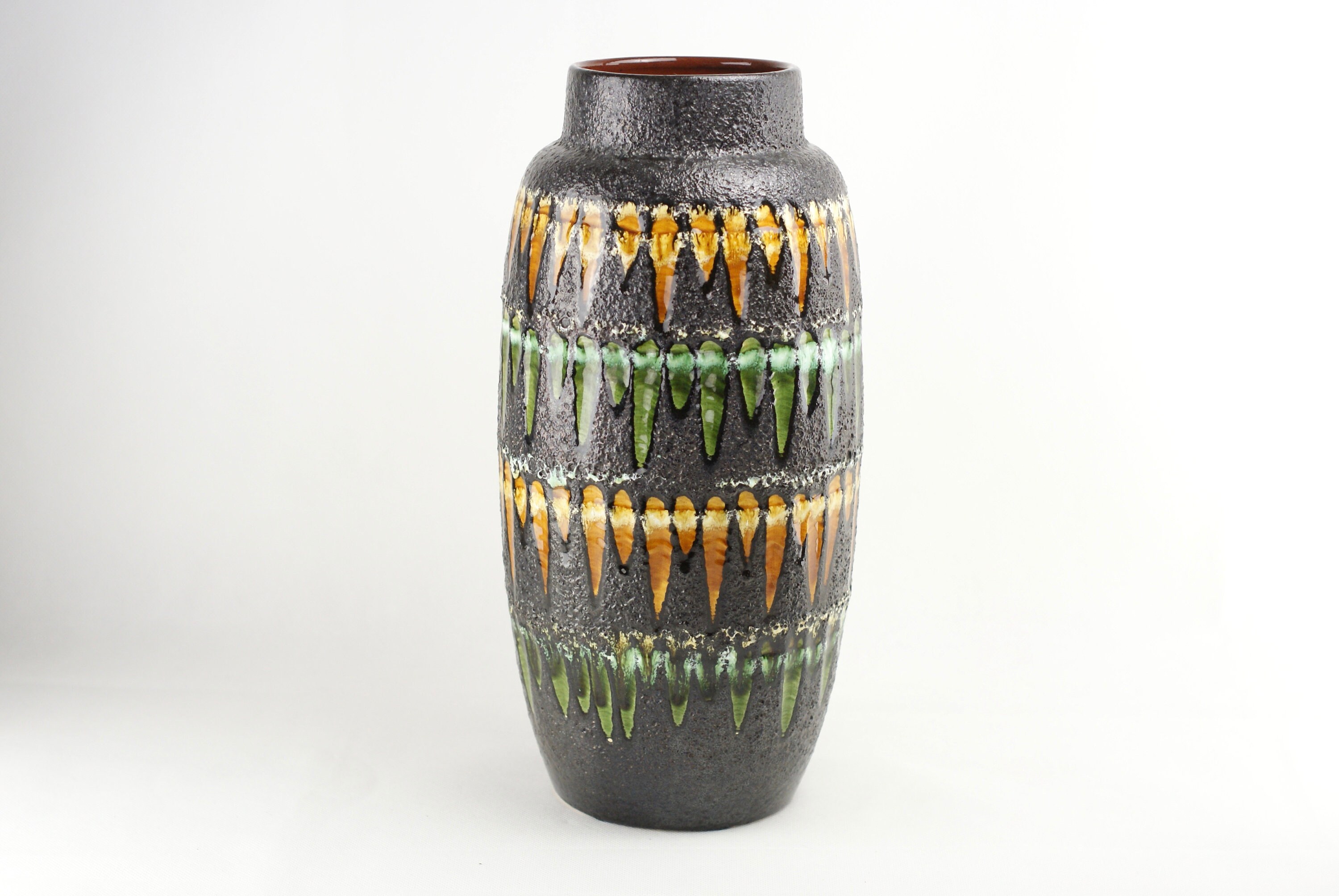 West German Pottery Floor Vase Scheurich 553 38 Large German Mid Century Vase Green And Yellow Fat Lava Retro