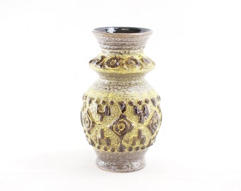 West German Pottery - Ü Keramik Vase - Uebelacker Relief Yellow and Brown Ceramic Vase - Made in Germany