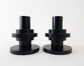 Modern Candle Holder, Memphis Style Black Candlestick Holders, Pair