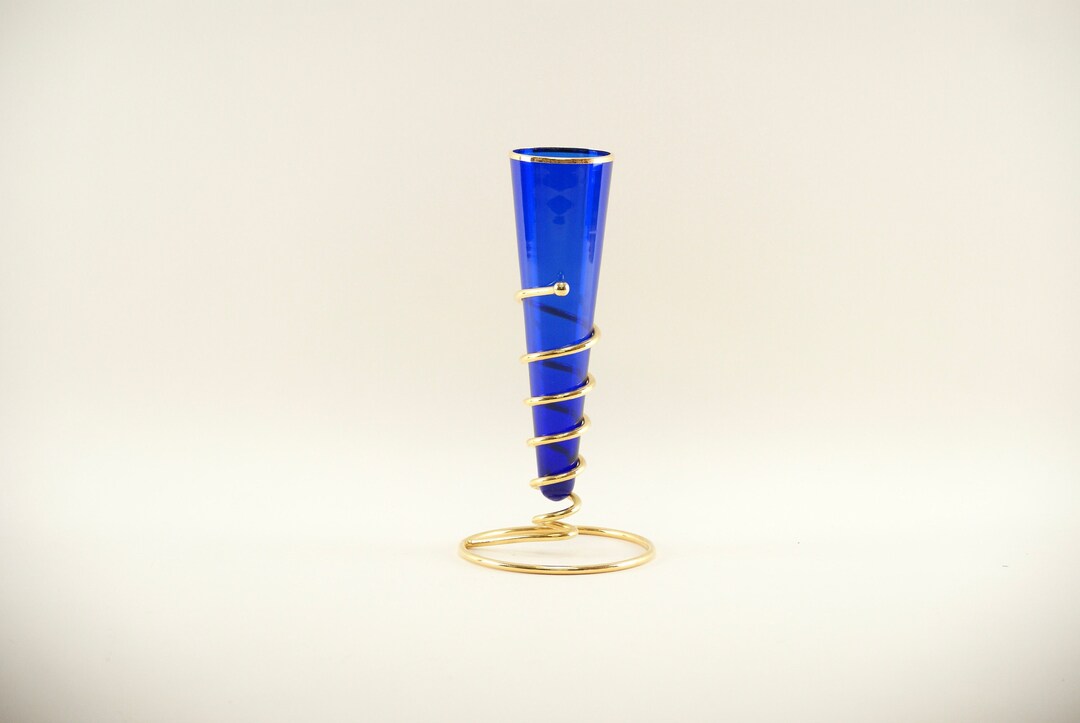 Midcentury Bud Vase Vase Made of Brass and Cobalt Blue Etsy