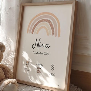 Cartel del marco de nacimiento del arco iris - Melocotón y oro - cartel de nacimiento nombre altura peso tiempo personalizado bebé niño regalo