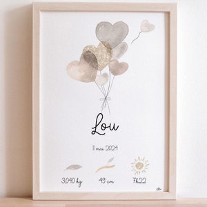 Personalisiertes Geburtsposter Boho Aquarell Ballonstrauß - Boho Baby Souvenir Poster - Initiale, Vorname, Gewicht, Größe und Uhrzeit