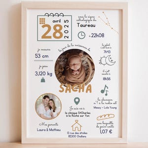 Affiche le jour de ma naissance personnalisée photos bébé et parents prénom poids taille heure signe astrologique ville couleur au choix