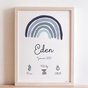 Póster de nacimiento personalizado Regalo de bebé arco iris personalizable nombre de nacimiento fecha altura peso tiempo marco de acuarela azul