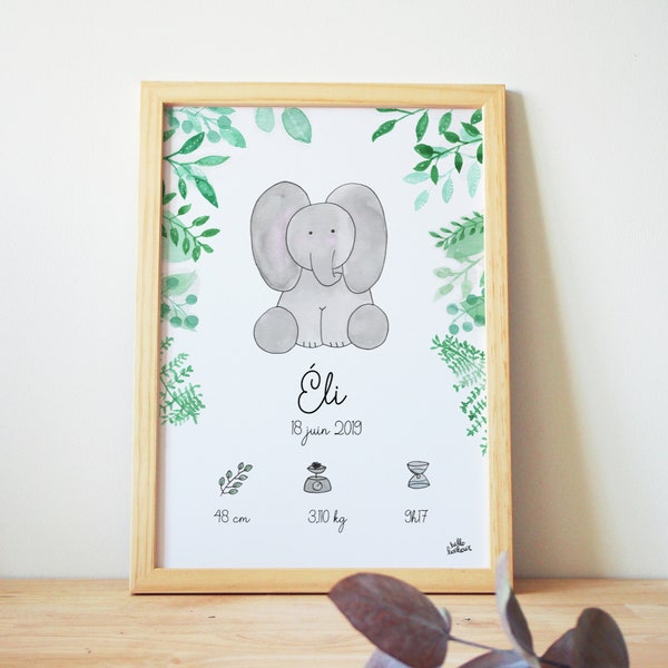 Affiche/Cadre Naissance Eléphant Aquarelle