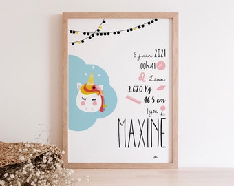 Affiche / cadre A4 personnalisé Naissance Bébé Licorne