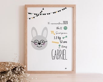 Affiche / cadre A4 personnalisé Naissance Bébé Lapin