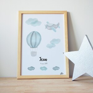 Póster/marco de nacimiento en acuarela: en el cielo, globos, avión, nube