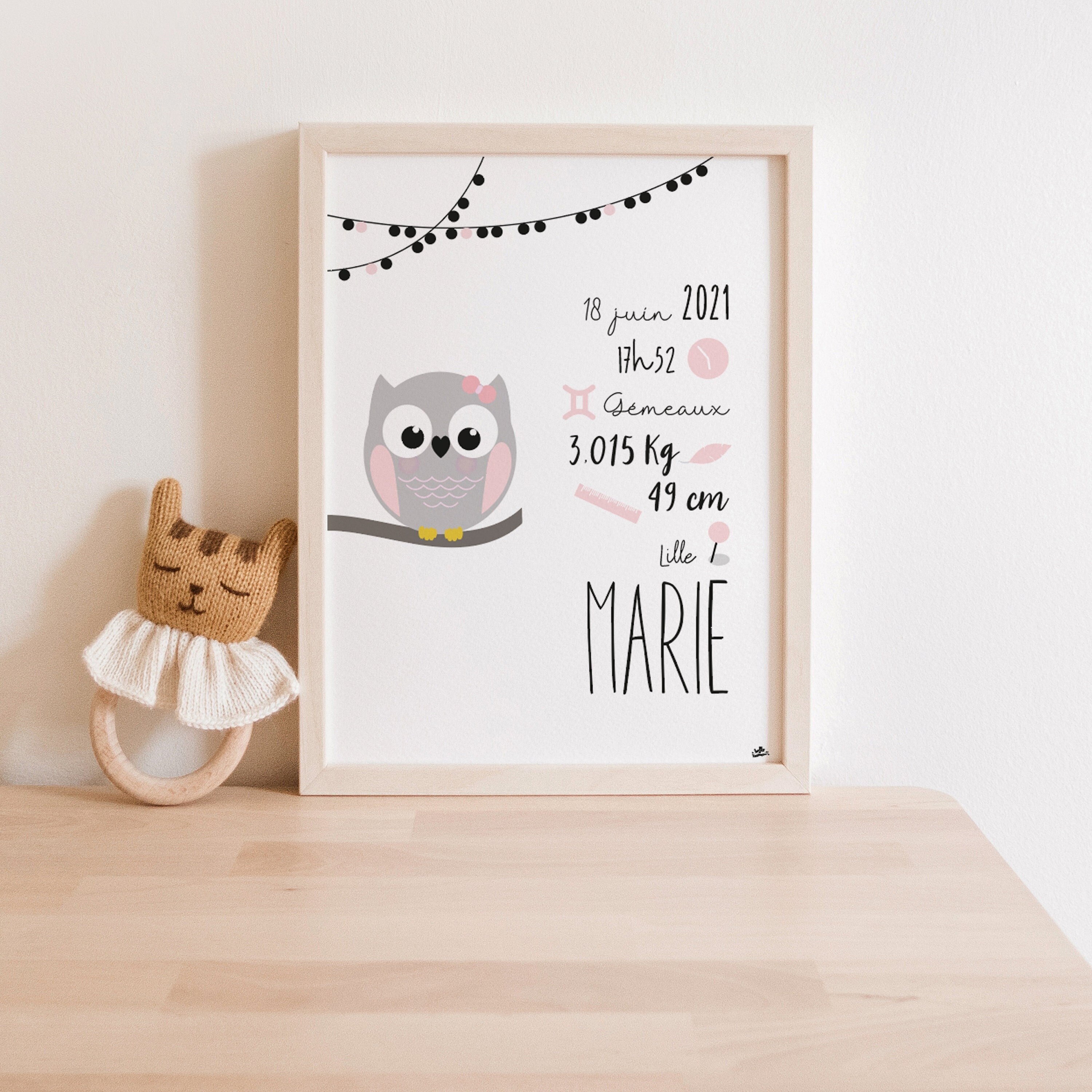 Affiche A4 Personnalisé Naissance Bébé Chouette