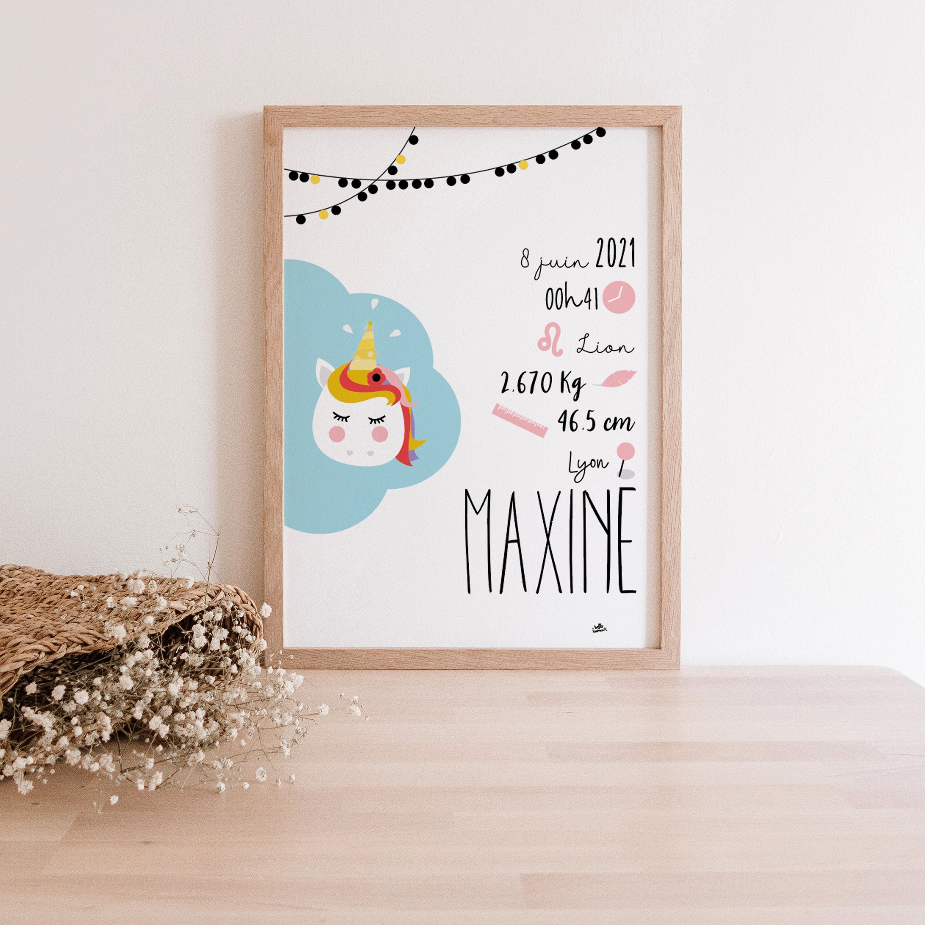 Affiche/Cadre A4 Personnalisé Naissance Bébé Licorne