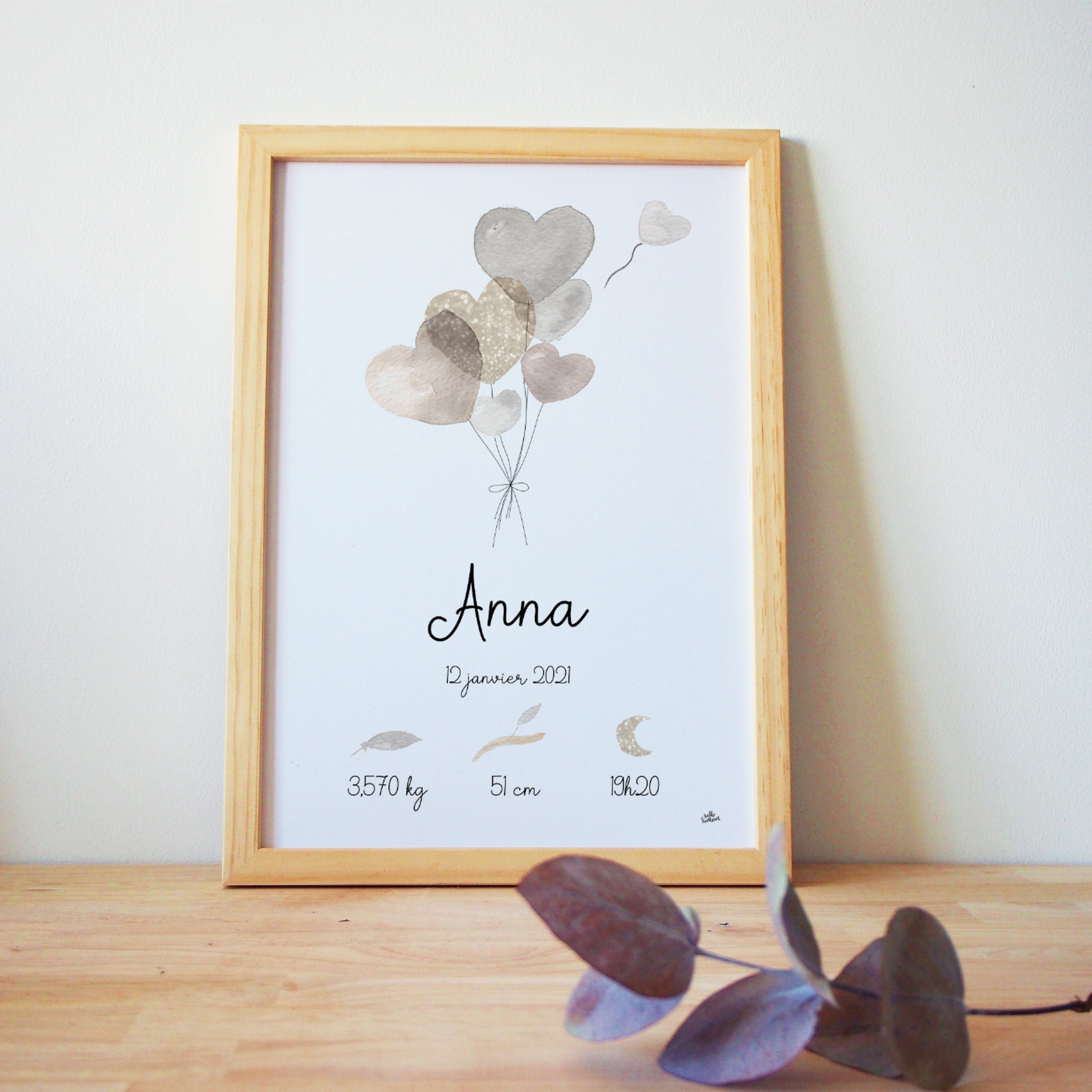 Affiche Naissance Bouquet de Ballons Wood & Sparkle Aquarelle