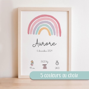 Póster de nacimiento de arcoíris con acuarela pastel, decoración de habitación de bebé, marco de pintura personalizada, nombre, fecha de nacimiento, color a elegir.