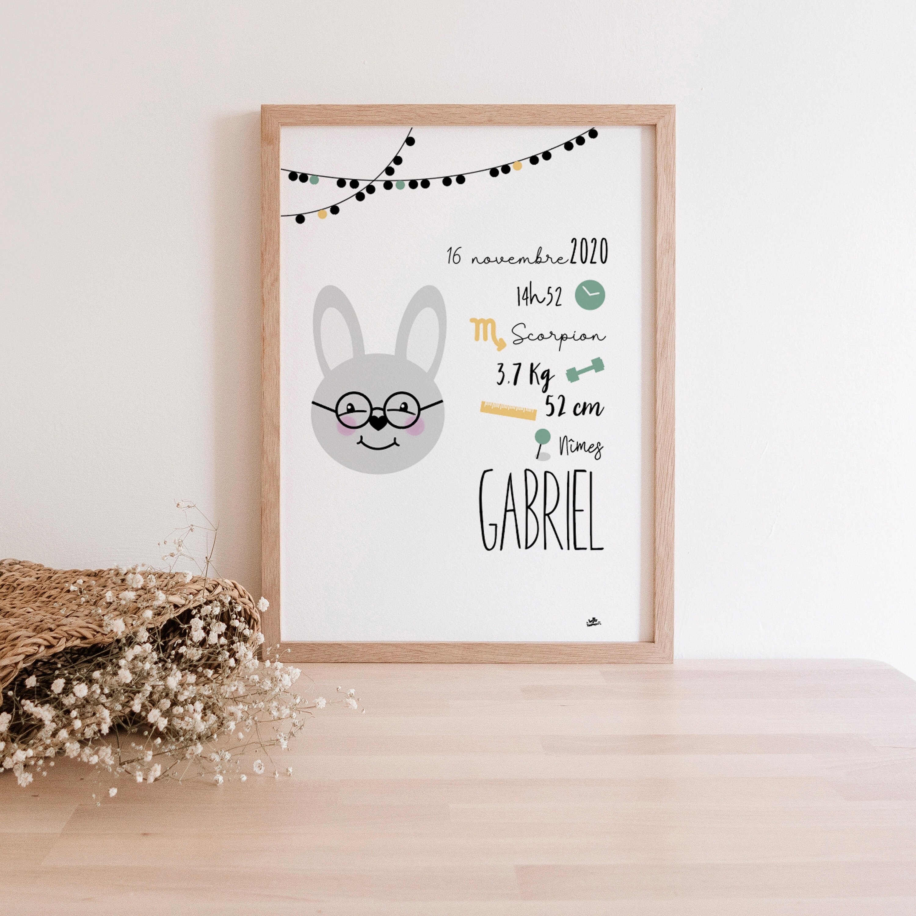 Affiche/Cadre A4 Personnalisé Naissance Bébé Lapin