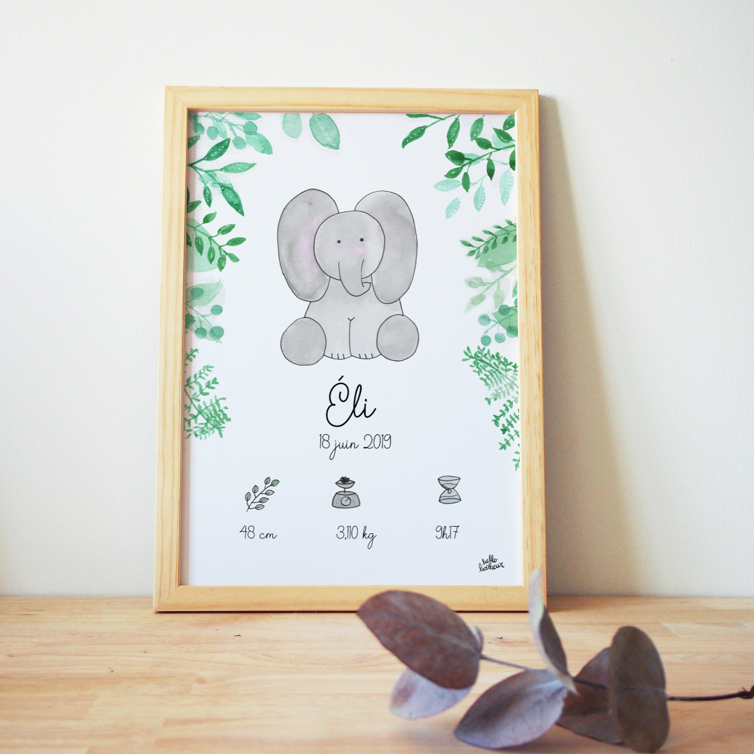 Affiche/Cadre Naissance Eléphant Aquarelle