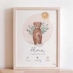Geburtsposter Aquarell Teddybär kleiner Bär personalisiert Geburt Geschenkidee Baby Rahmen Datum Zeit Größe Gewicht Stadt Zimmer Dekor